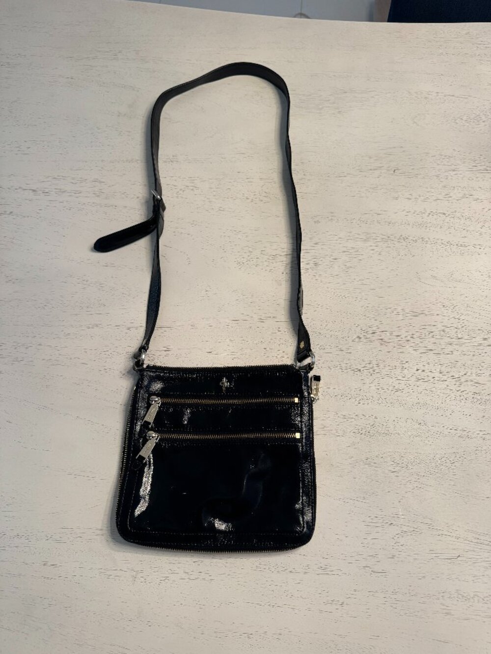 Cole Haan Black Patent Leather Red Interior Double Zip Crossbody Bag